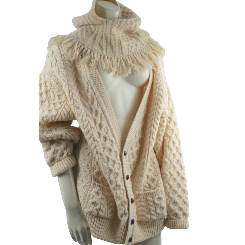 Vintage Sweaters of Ireland Cream Hand-Finished Wool Hooded 2 PCS Sweater Size M